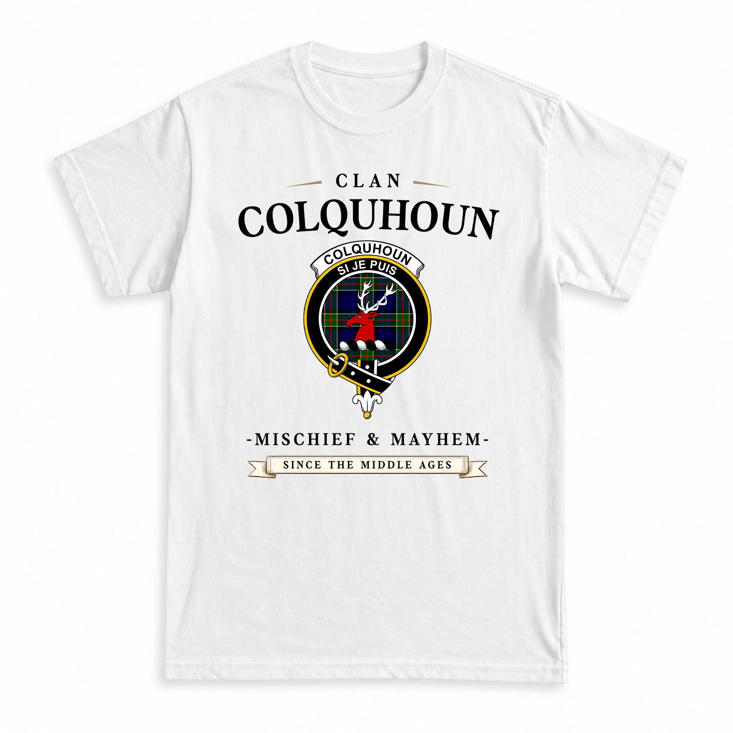 Colquhoun Modern Tartan Crest Mischief and Mayhem T-shirt