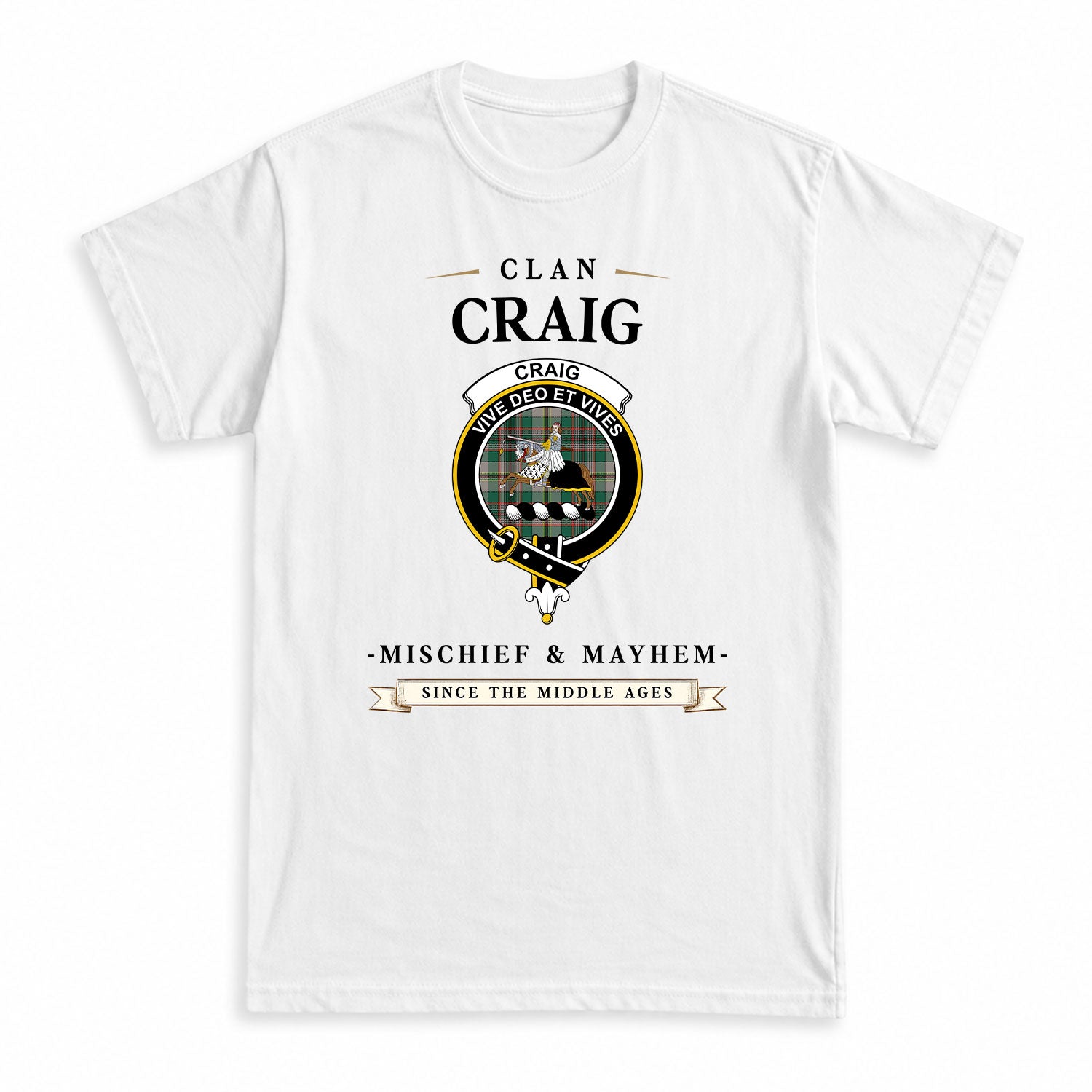 Craig Ancient Tartan Crest Mischief and Mayhem T-shirt