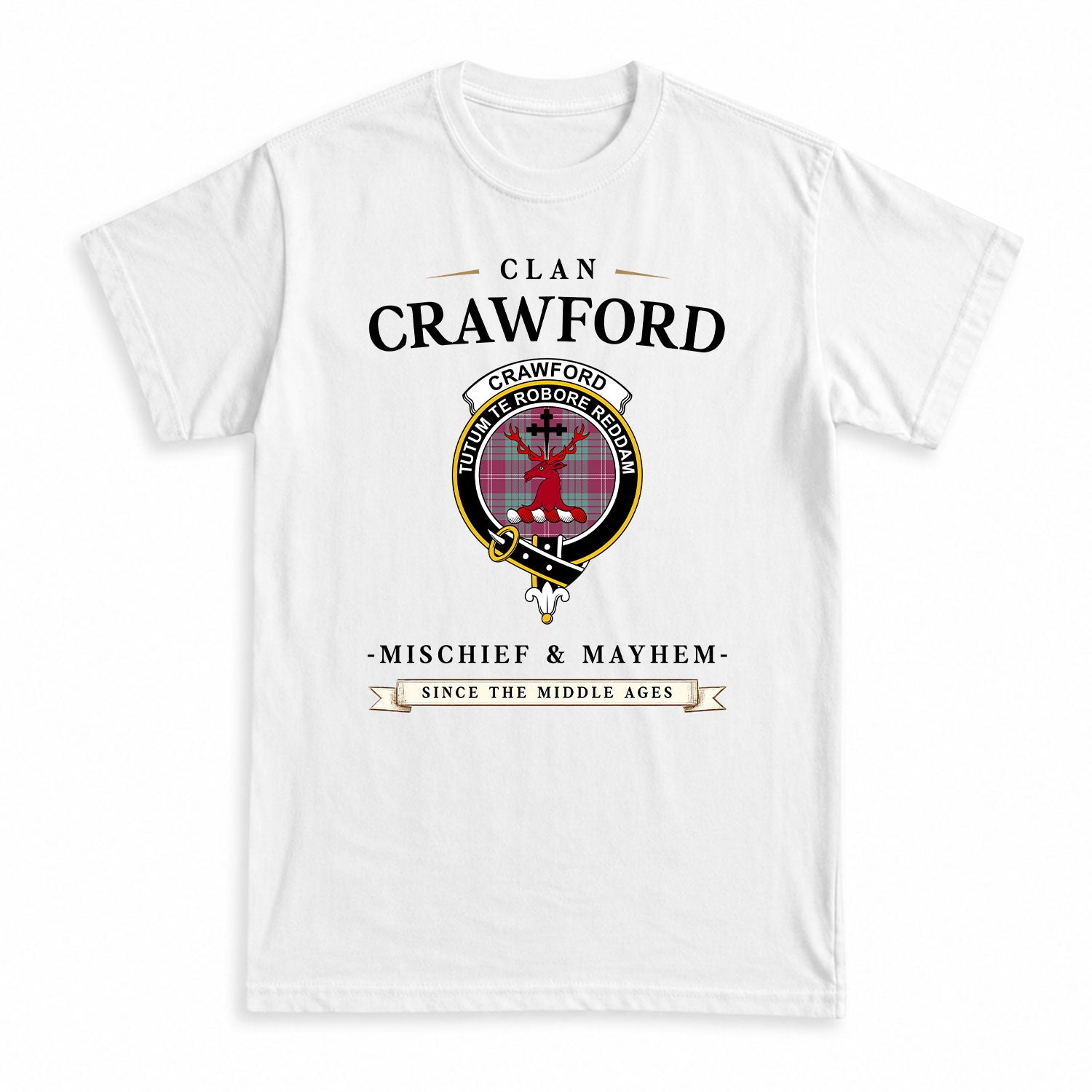 Crawford Ancient Tartan Crest Mischief and Mayhem T-shirt