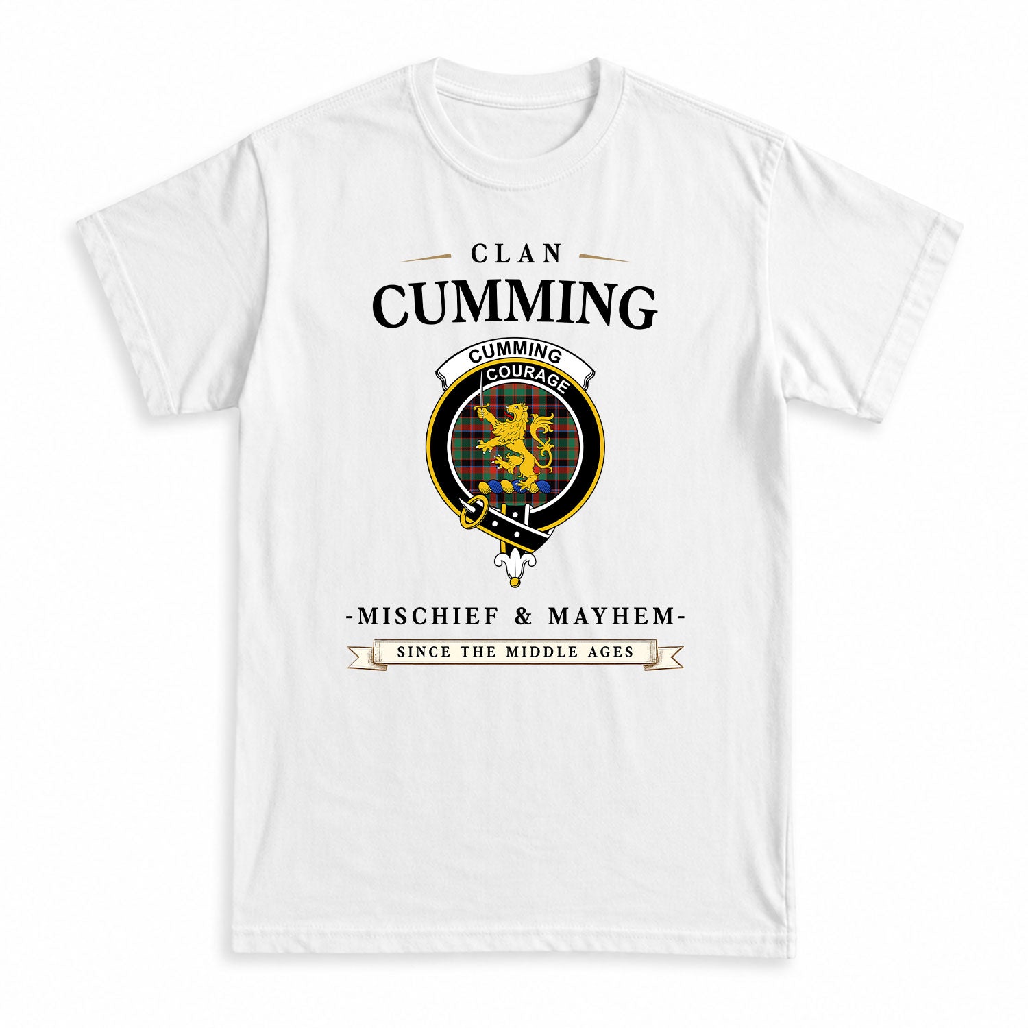 Cumming Hunting Ancient Tartan Crest Mischief and Mayhem T-shirt
