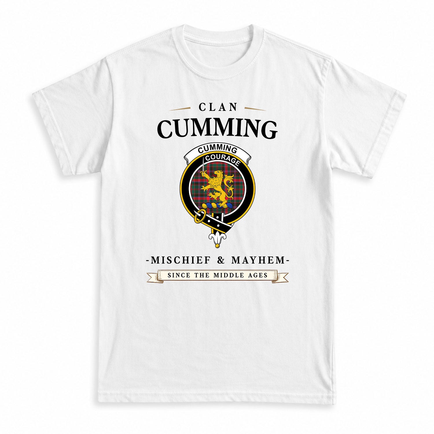 Cumming Hunting Modern Tartan Crest Mischief and Mayhem T-shirt