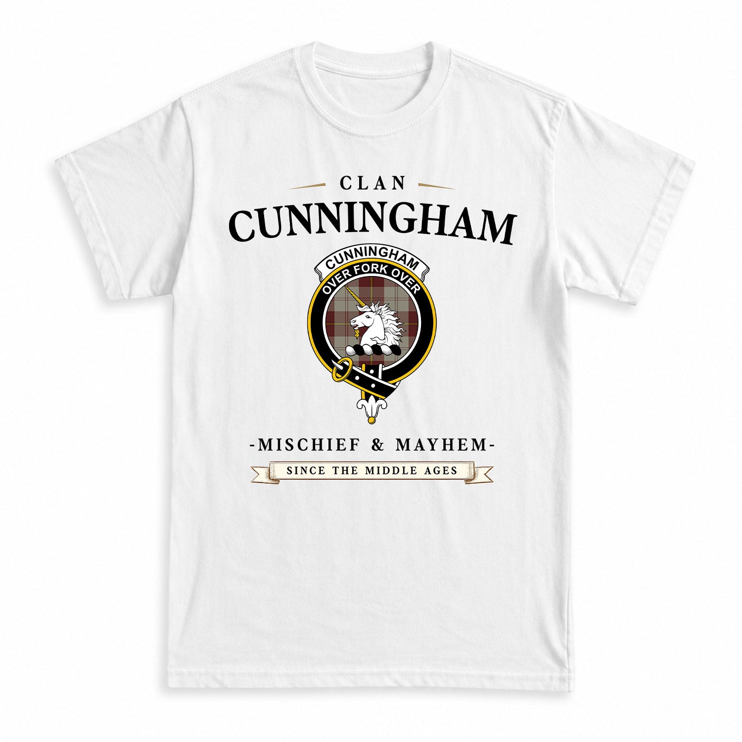 Cunningham Burgundy Dancers Tartan Crest Mischief and Mayhem T-shirt