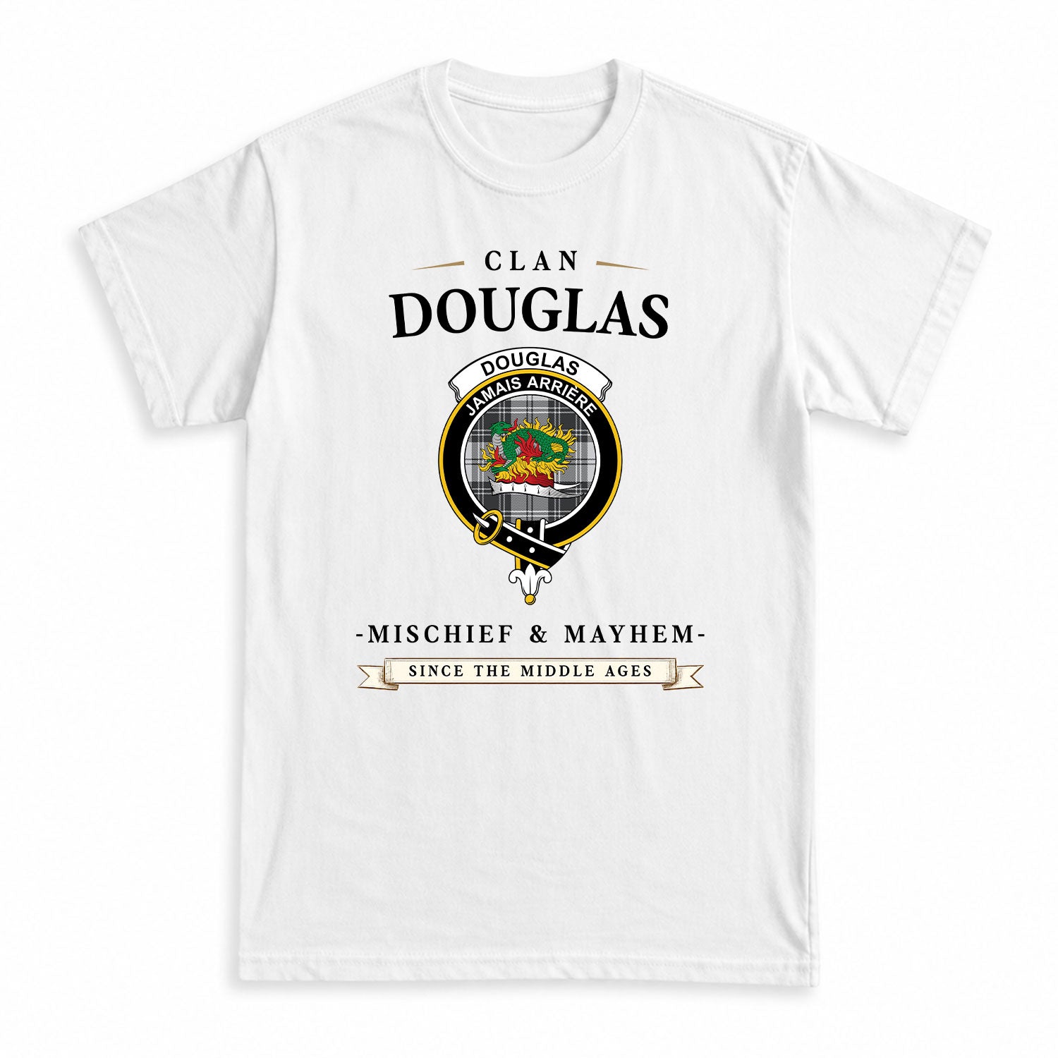 Douglas Grey Modern Tartan Crest Mischief and Mayhem T-shirt