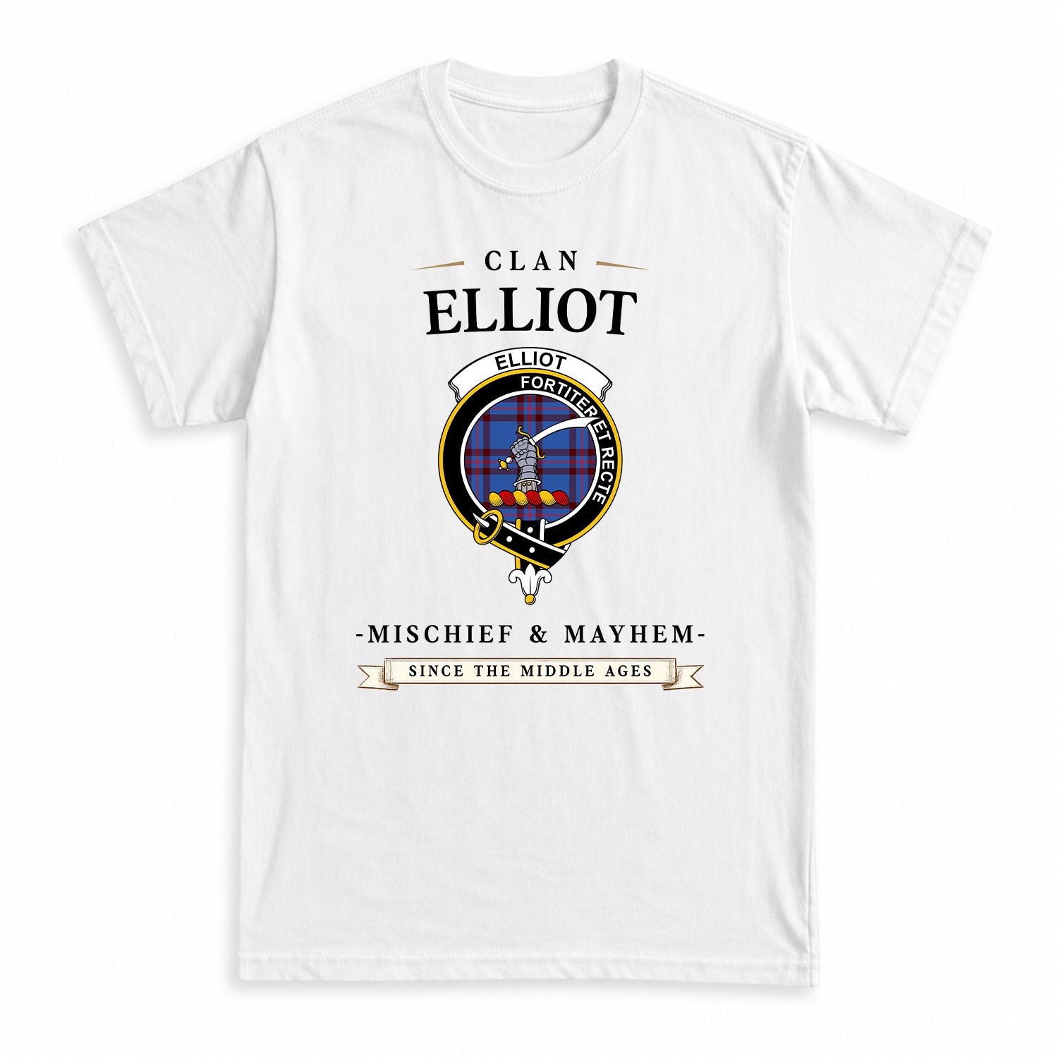 Elliot Modern Tartan Crest Mischief and Mayhem T-shirt
