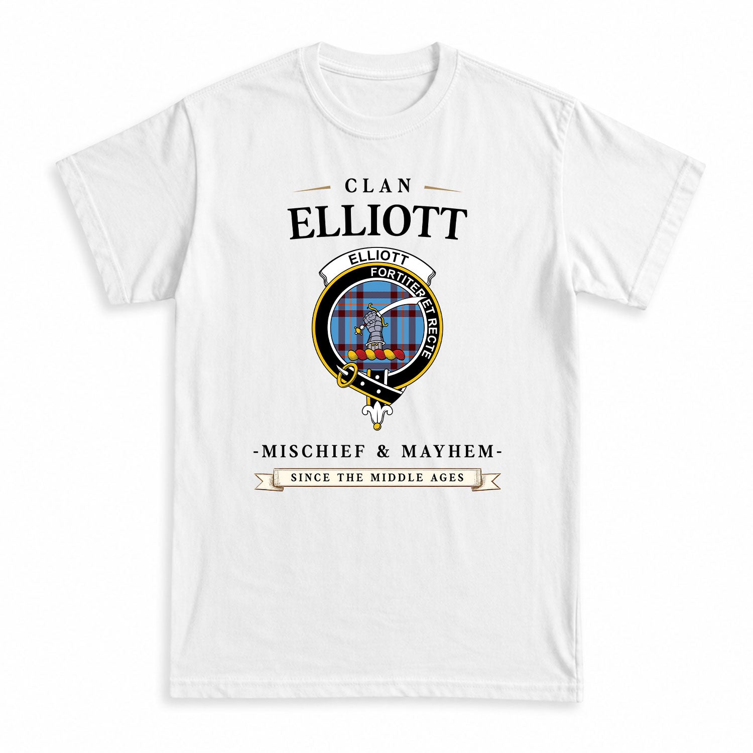 Elliott Ancient Tartan Crest Mischief and Mayhem T-shirt