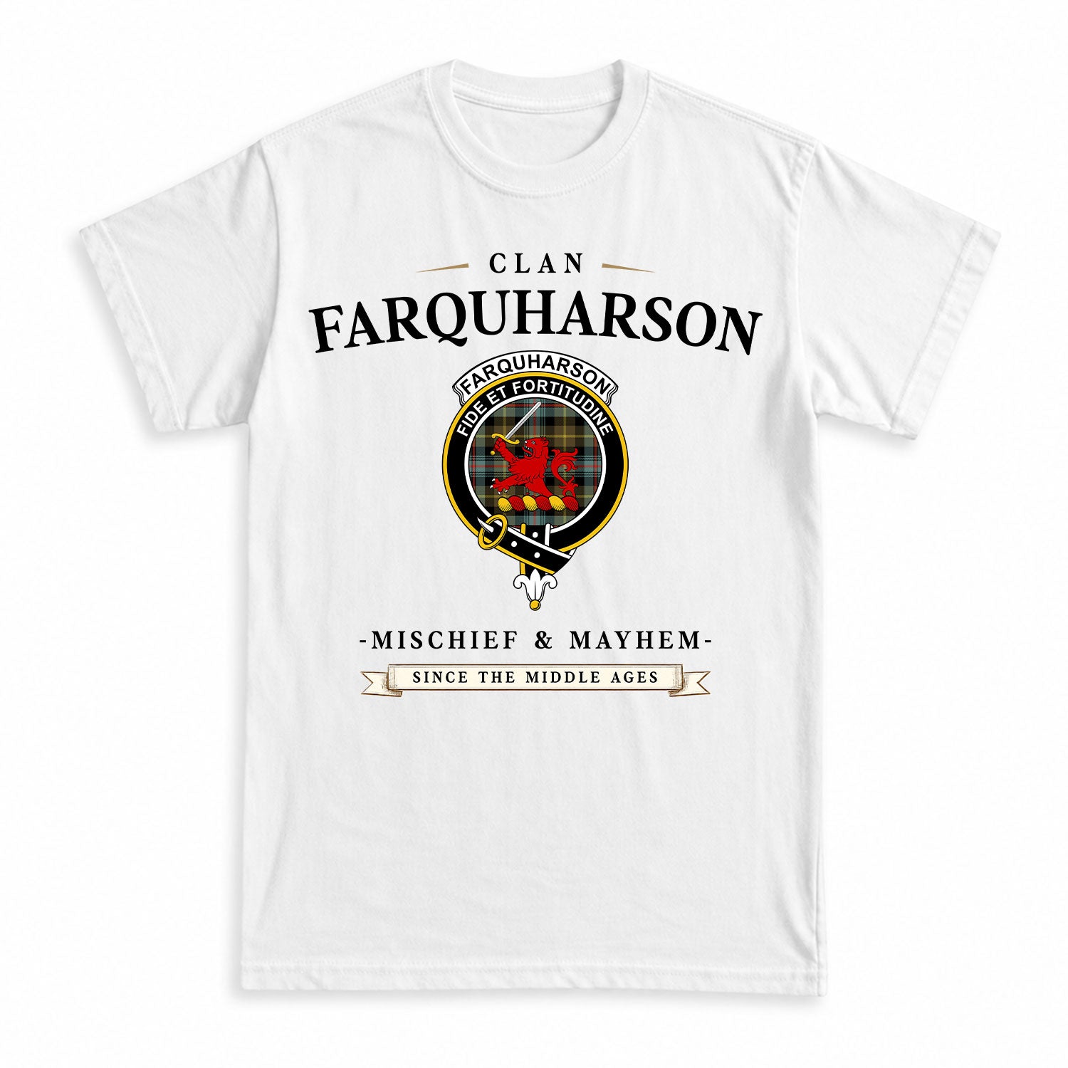 Farquharson Weathered Tartan Crest Mischief and Mayhem T-shirt