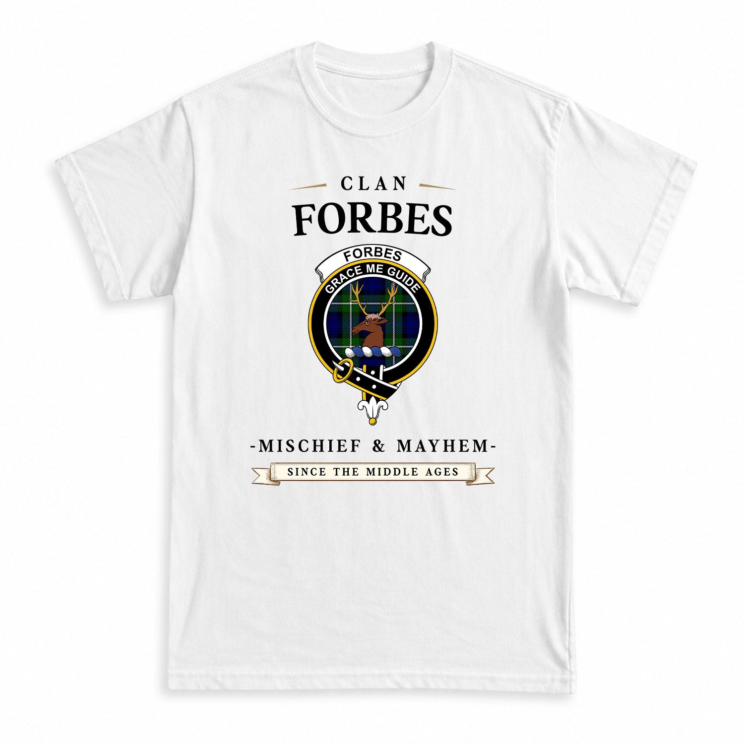 Forbes Modern Tartan Crest Mischief and Mayhem T-shirt