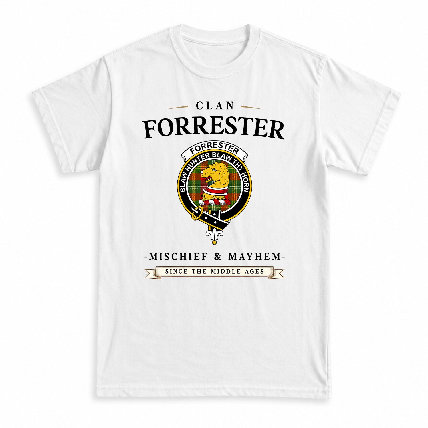 Forrester Tartan Crest Mischief and Mayhem T-shirt