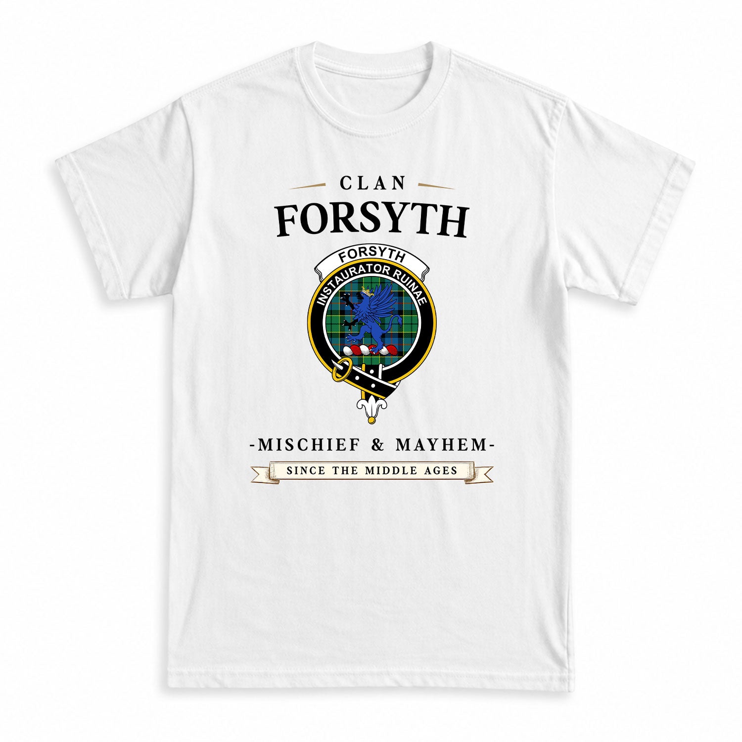 Forsyth Ancient Tartan Crest Mischief and Mayhem T-shirt