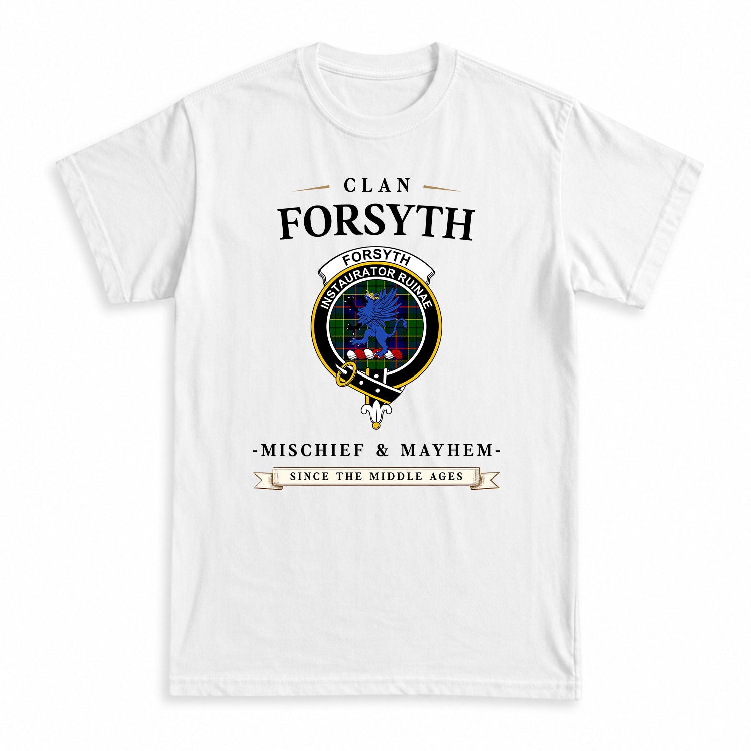 Forsyth Modern Tartan Crest Mischief and Mayhem T-shirt