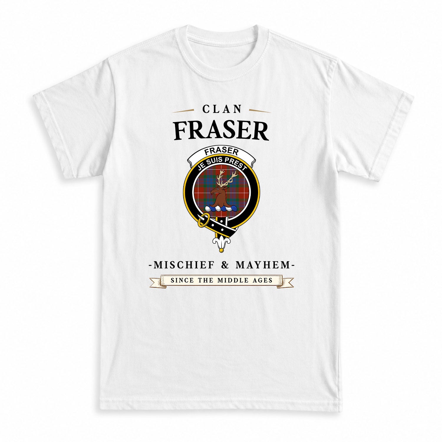 Fraser (of Lovat) Ancient Tartan Crest Mischief and Mayhem T-shirt