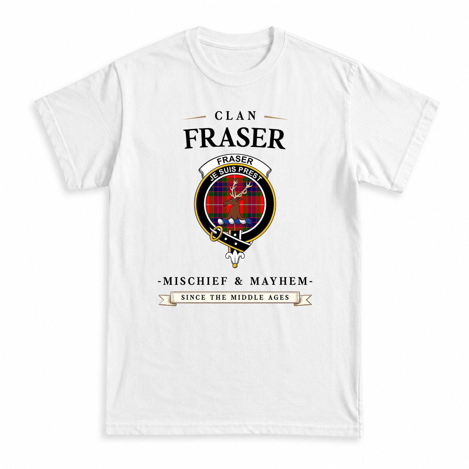 Fraser (of Lovat) Modern Tartan Crest Mischief and Mayhem T-shirt