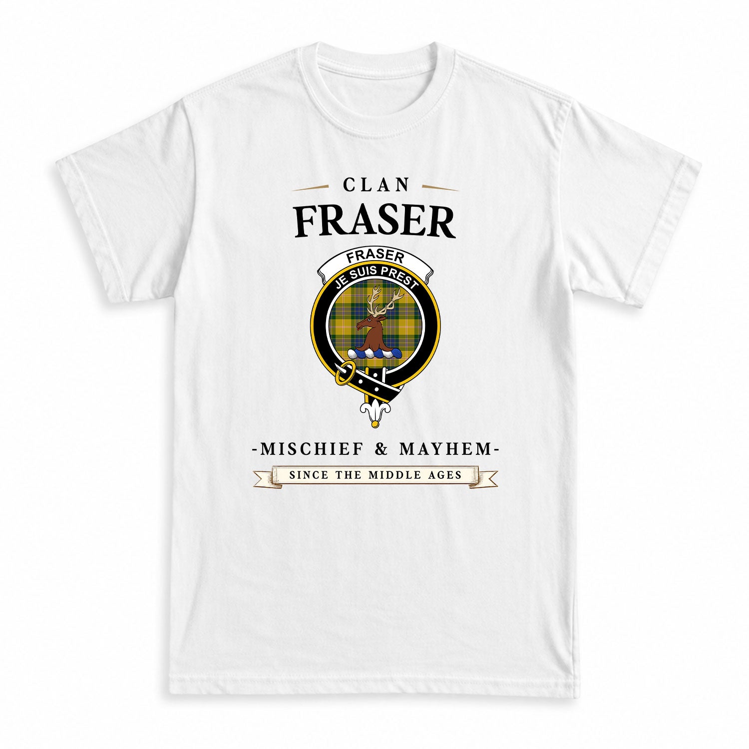 Fraser (of Lovat) Yellow Tartan Crest Mischief and Mayhem T-shirt