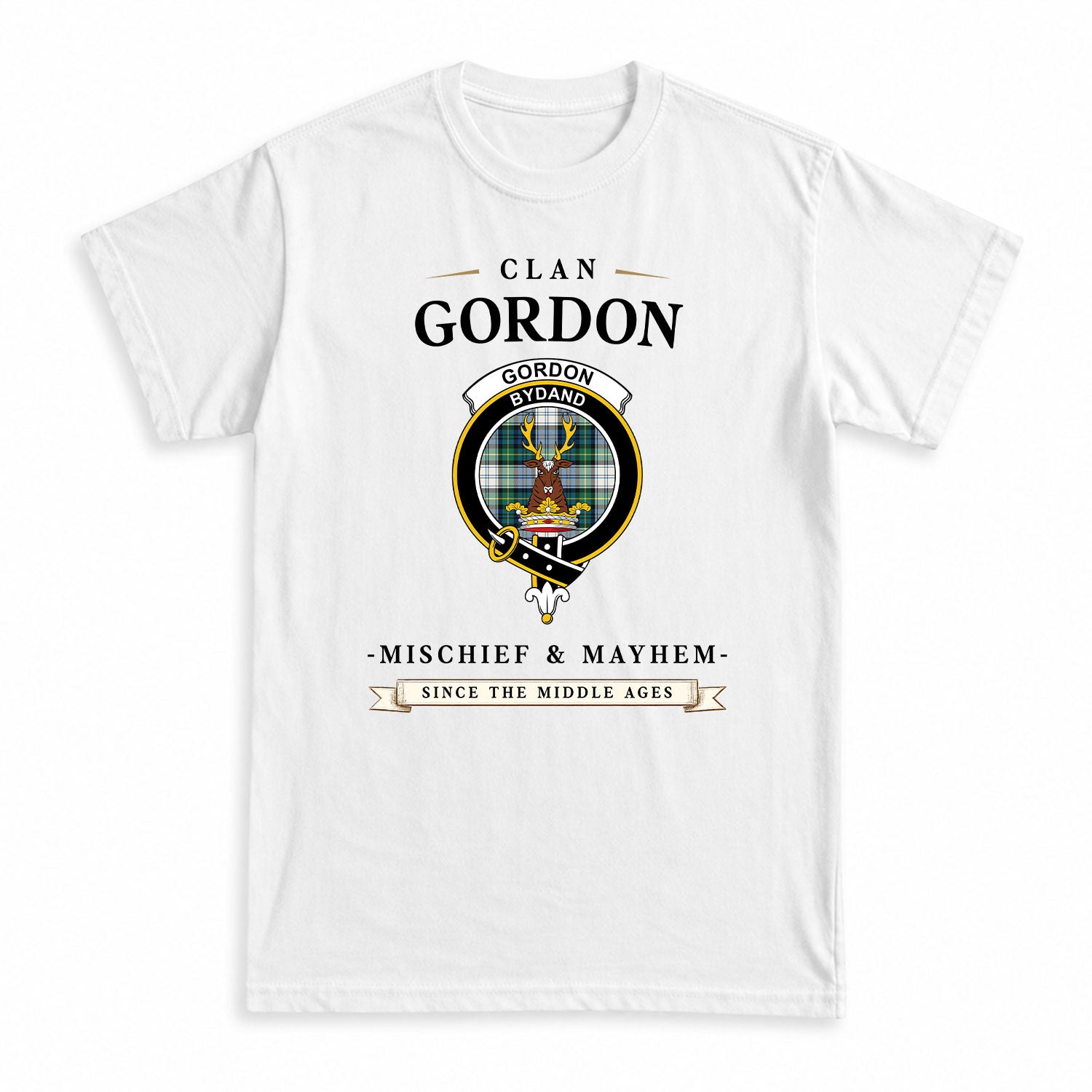 Gordon Dress Ancient Tartan Crest Mischief and Mayhem T-shirt