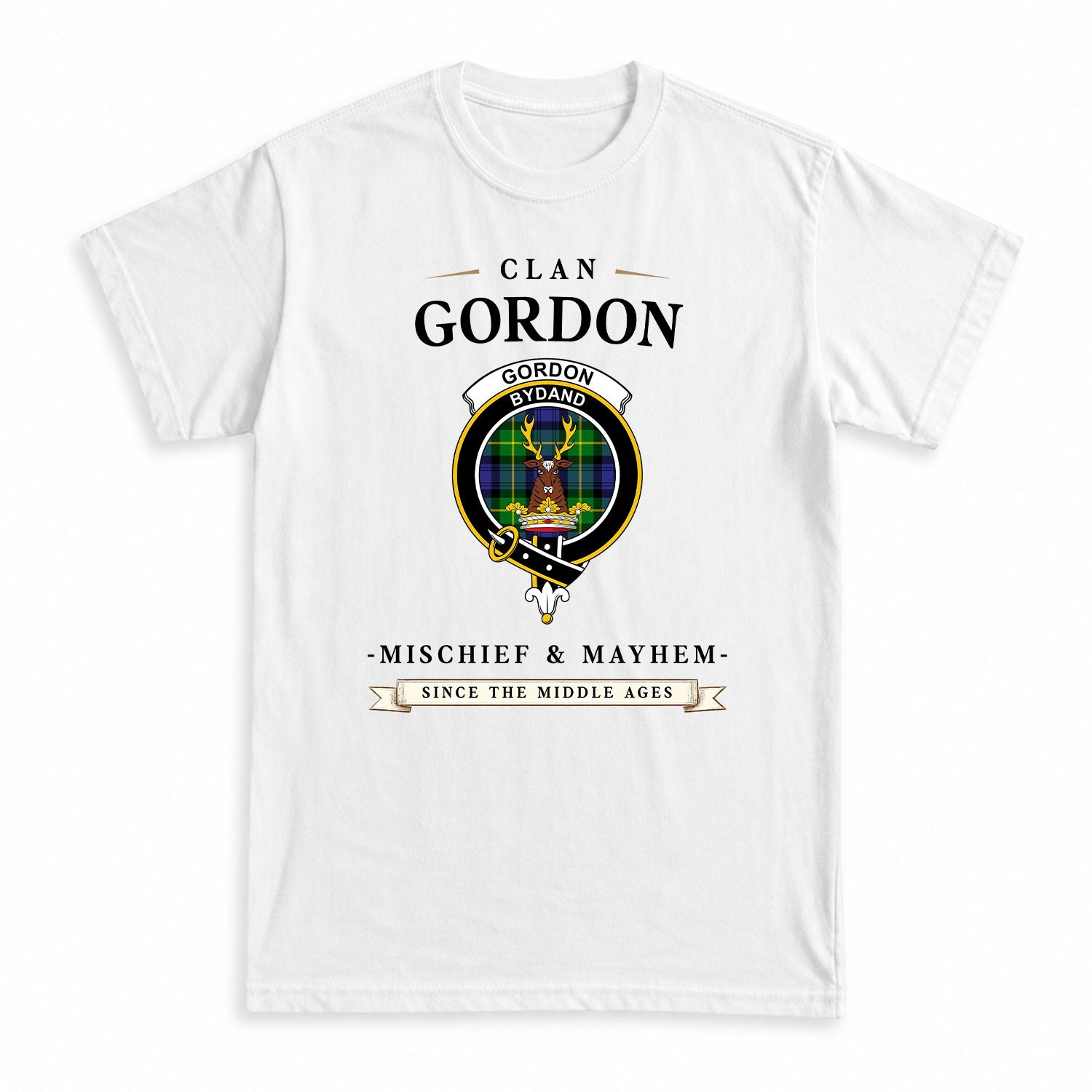 Gordon Modern Tartan Crest Mischief and Mayhem T-shirt