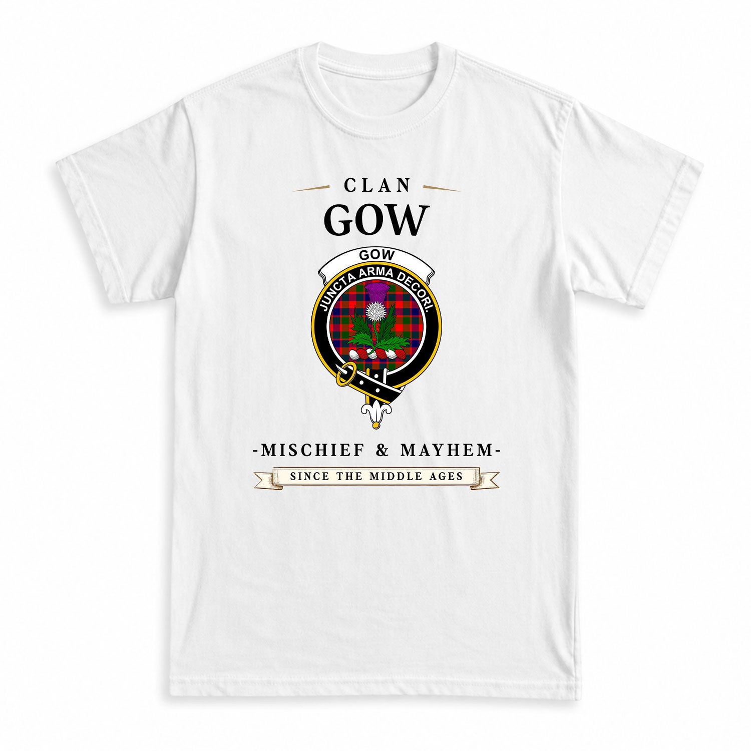 Gow (of Skeoch) Tartan Crest Mischief and Mayhem T-shirt