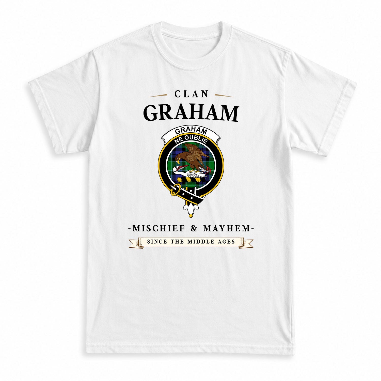 Graham of Menteith Modern Tartan Crest Mischief and Mayhem T-shirt