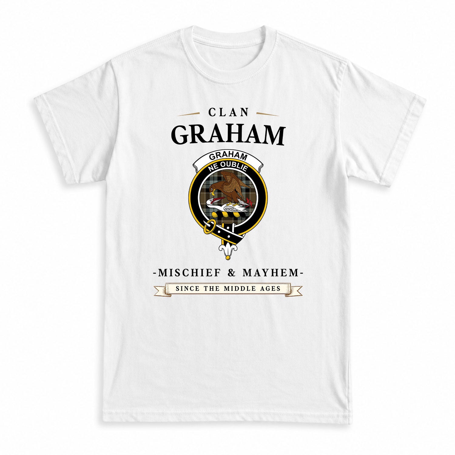 Graham of Menteith Weathered Tartan Crest Mischief and Mayhem T-shirt