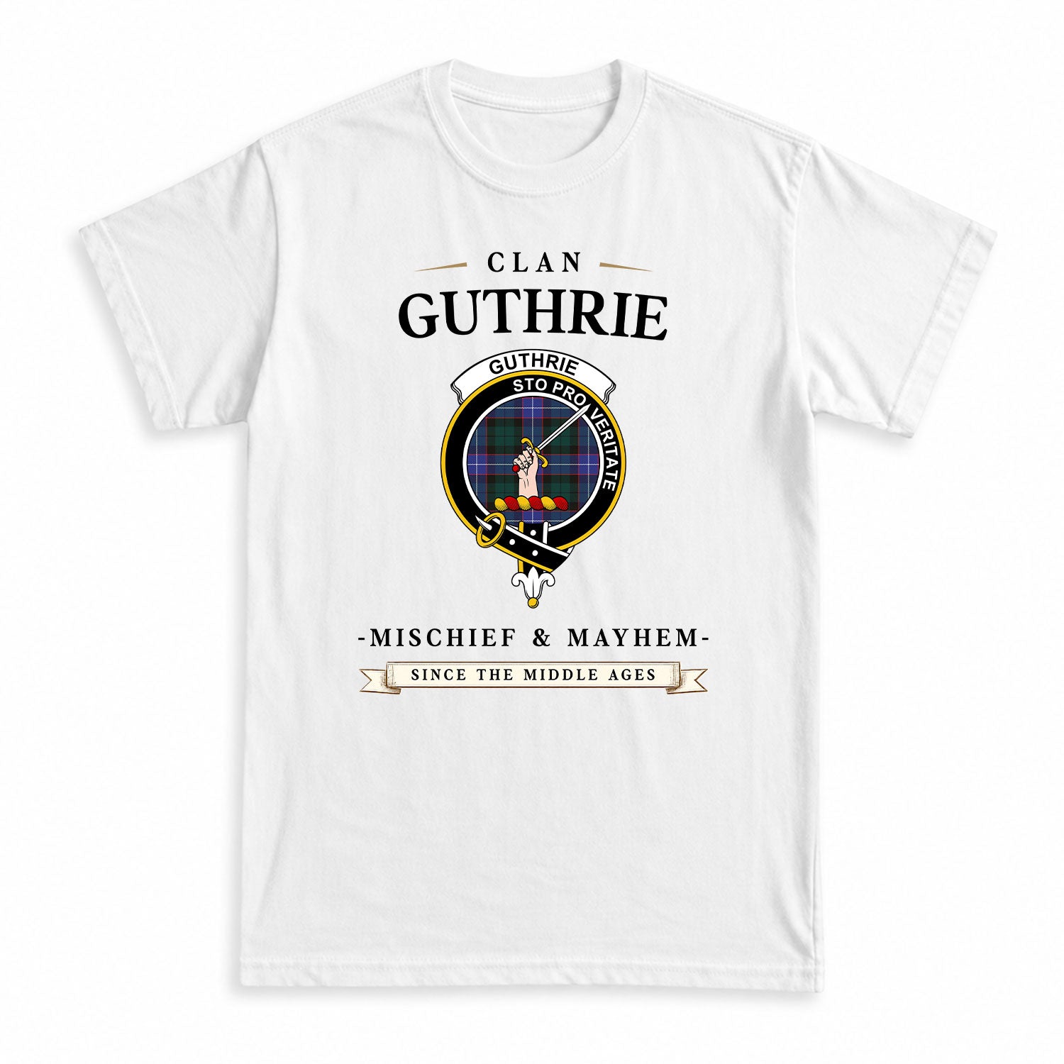 Guthrie Modern Tartan Crest Mischief and Mayhem T-shirt