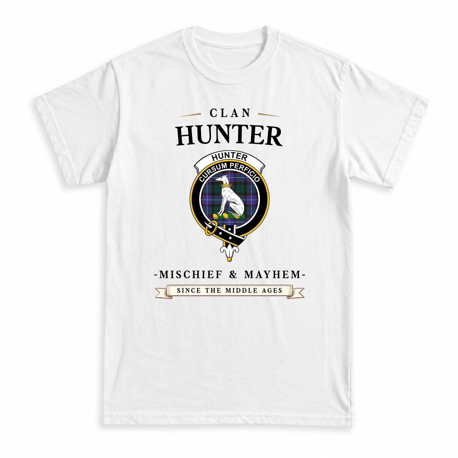 Hunter Modern Tartan Crest Mischief and Mayhem T-shirt