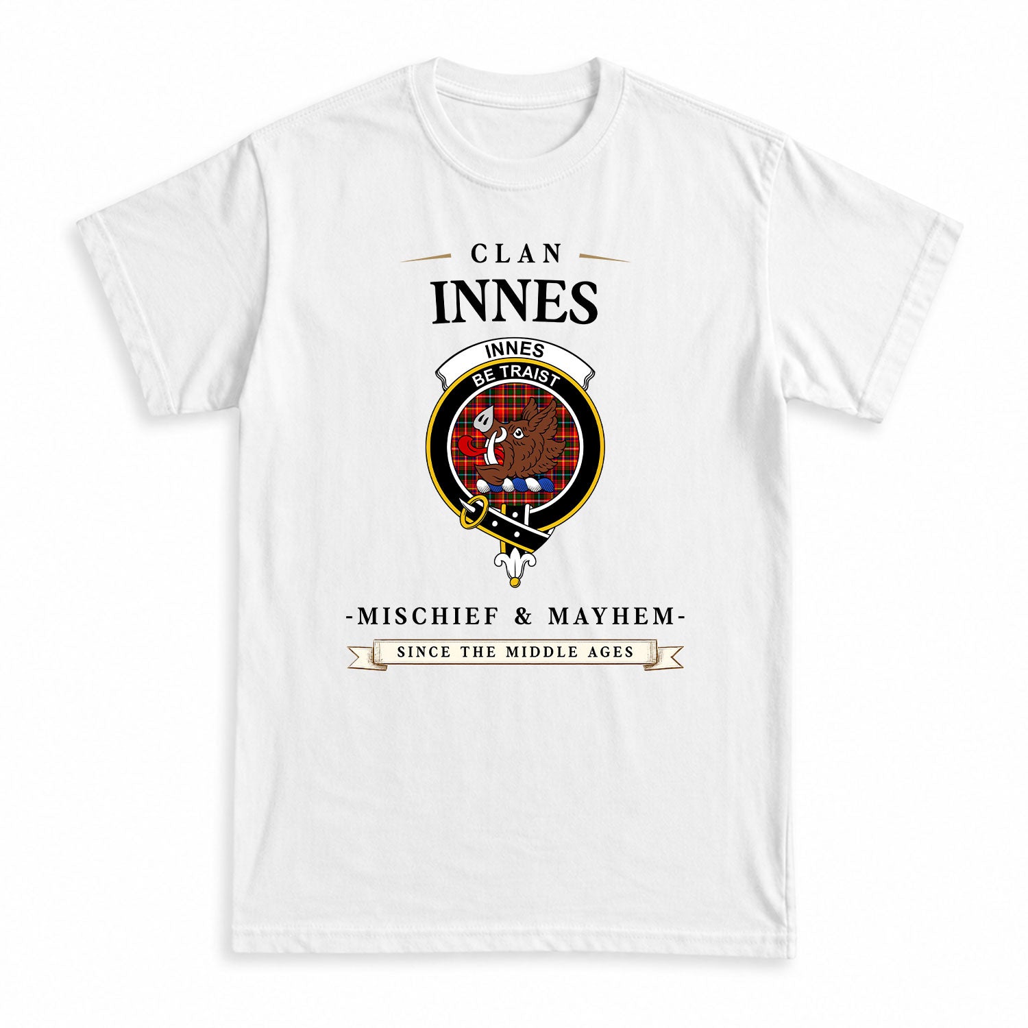 Innes Modern Tartan Crest Mischief and Mayhem T-shirt
