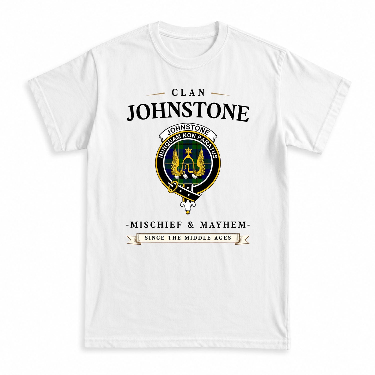 Johnstone Modern Tartan Crest Mischief and Mayhem T-shirt