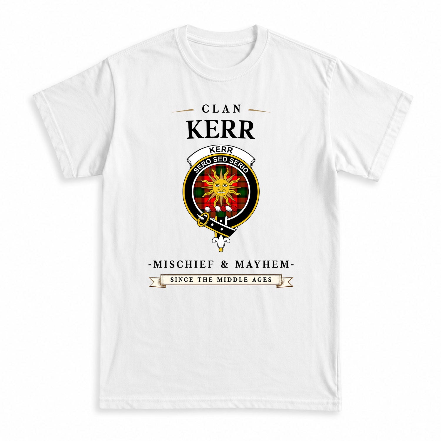 Kerr Modern Tartan Crest Mischief and Mayhem T-shirt
