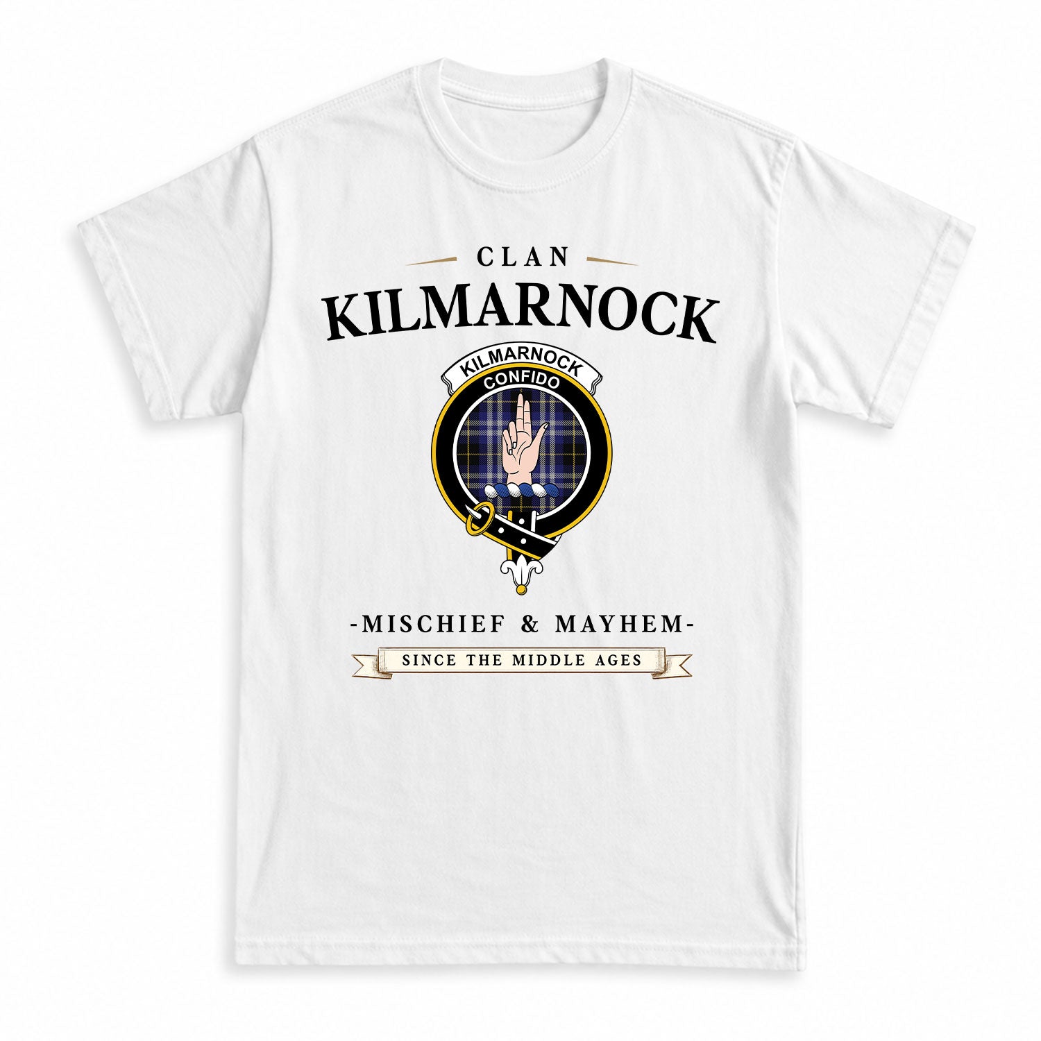 Kilmarnock Tartan Crest Mischief and Mayhem T-shirt