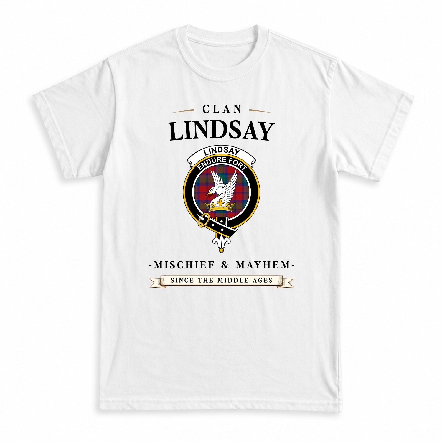 Lindsay Modern Tartan Crest Mischief and Mayhem T-shirt