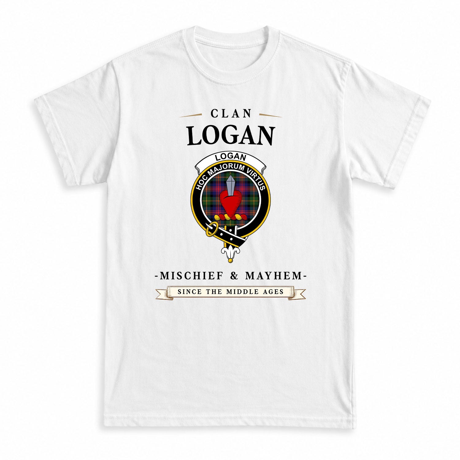 Logan Modern Tartan Crest Mischief and Mayhem T-shirt