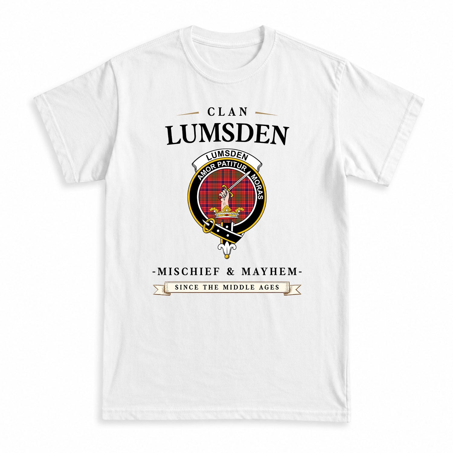 Lumsden Modern Tartan Crest Mischief and Mayhem T-shirt