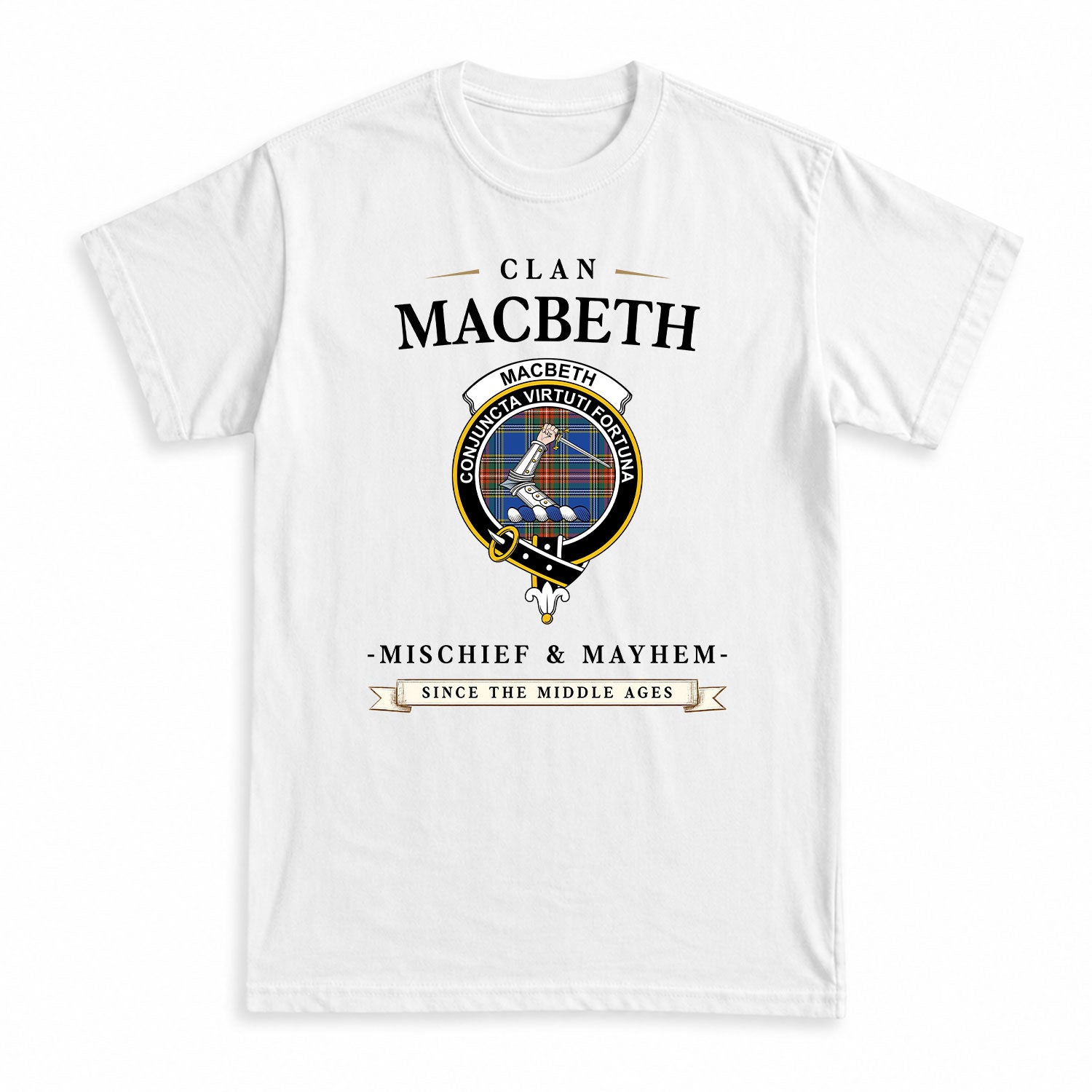 MacBeth Ancient Tartan Crest Mischief and Mayhem T-shirt