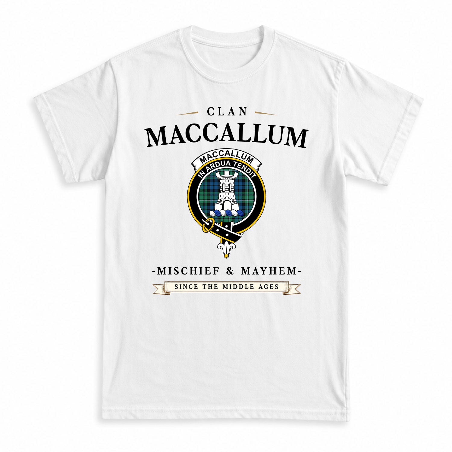 MacCallum Ancient Tartan Crest Mischief and Mayhem T-shirt
