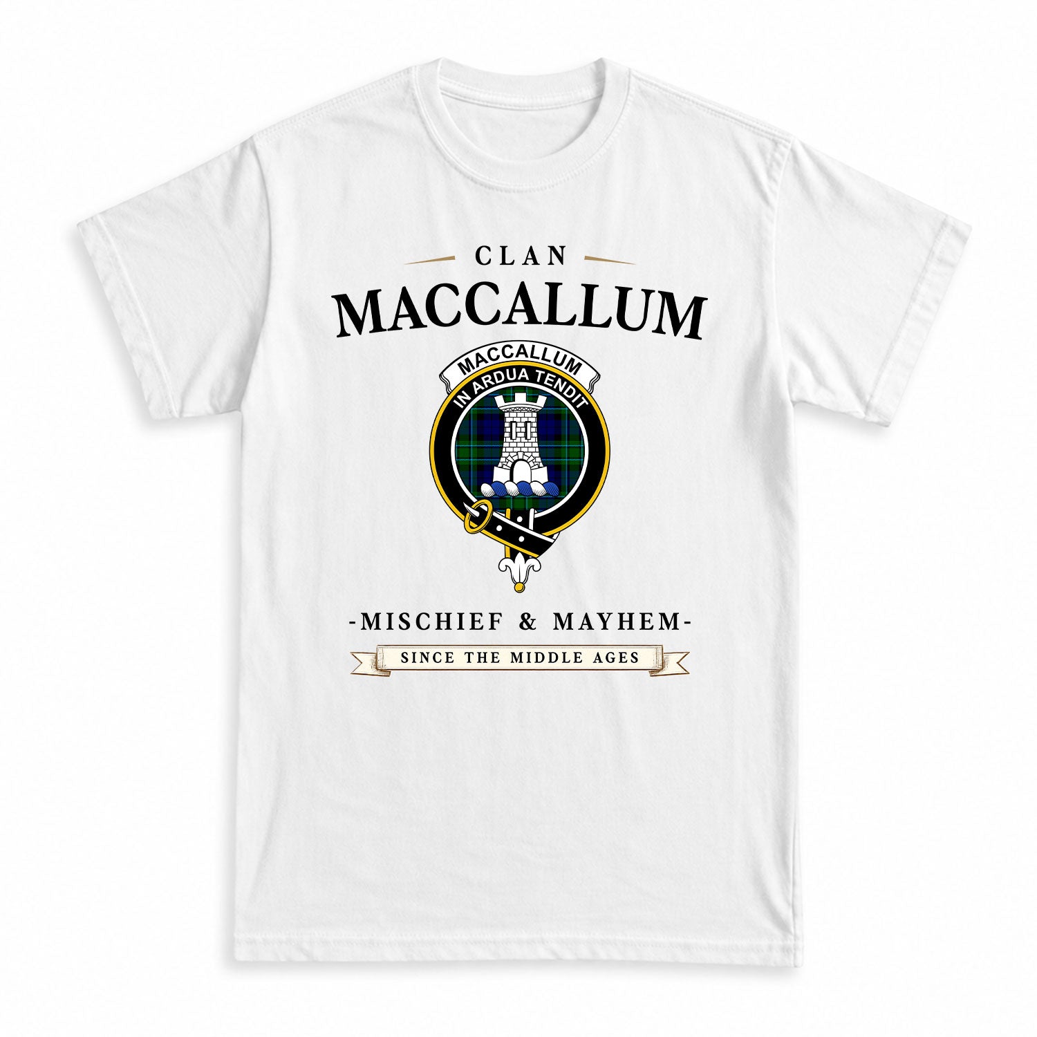 MacCallum Modern Tartan Crest Mischief and Mayhem T-shirt