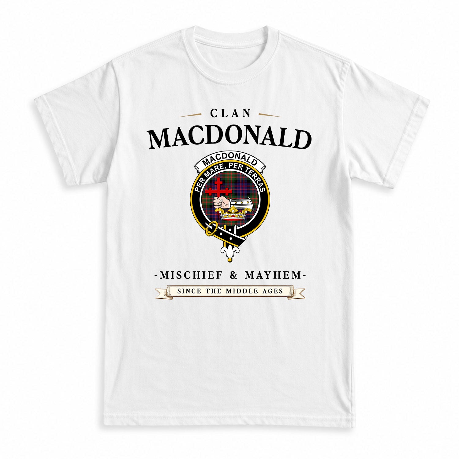 MacDonald Modern Tartan Crest Mischief and Mayhem T-shirt