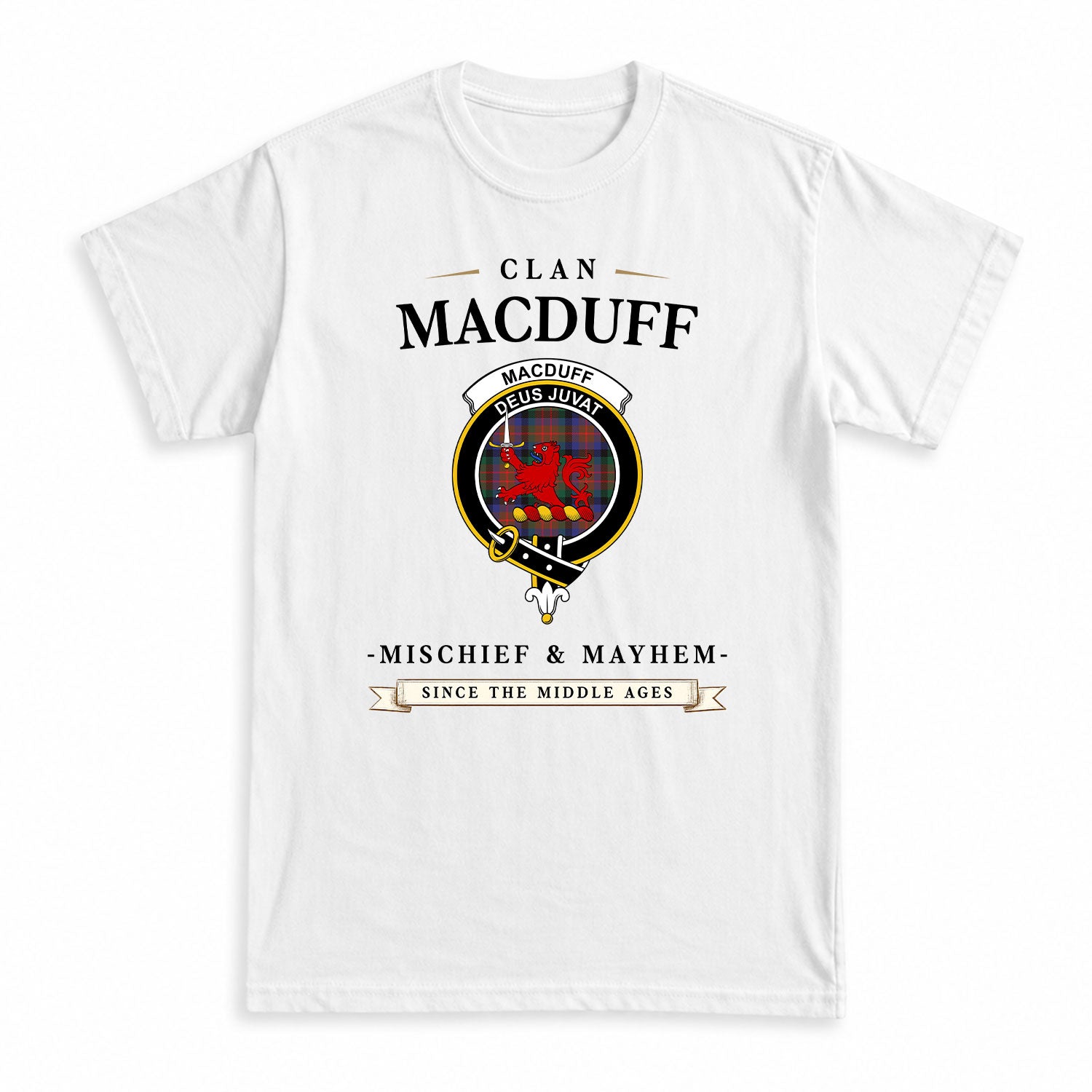 MacDuff Hunting Modern Tartan Crest Mischief and Mayhem T-shirt