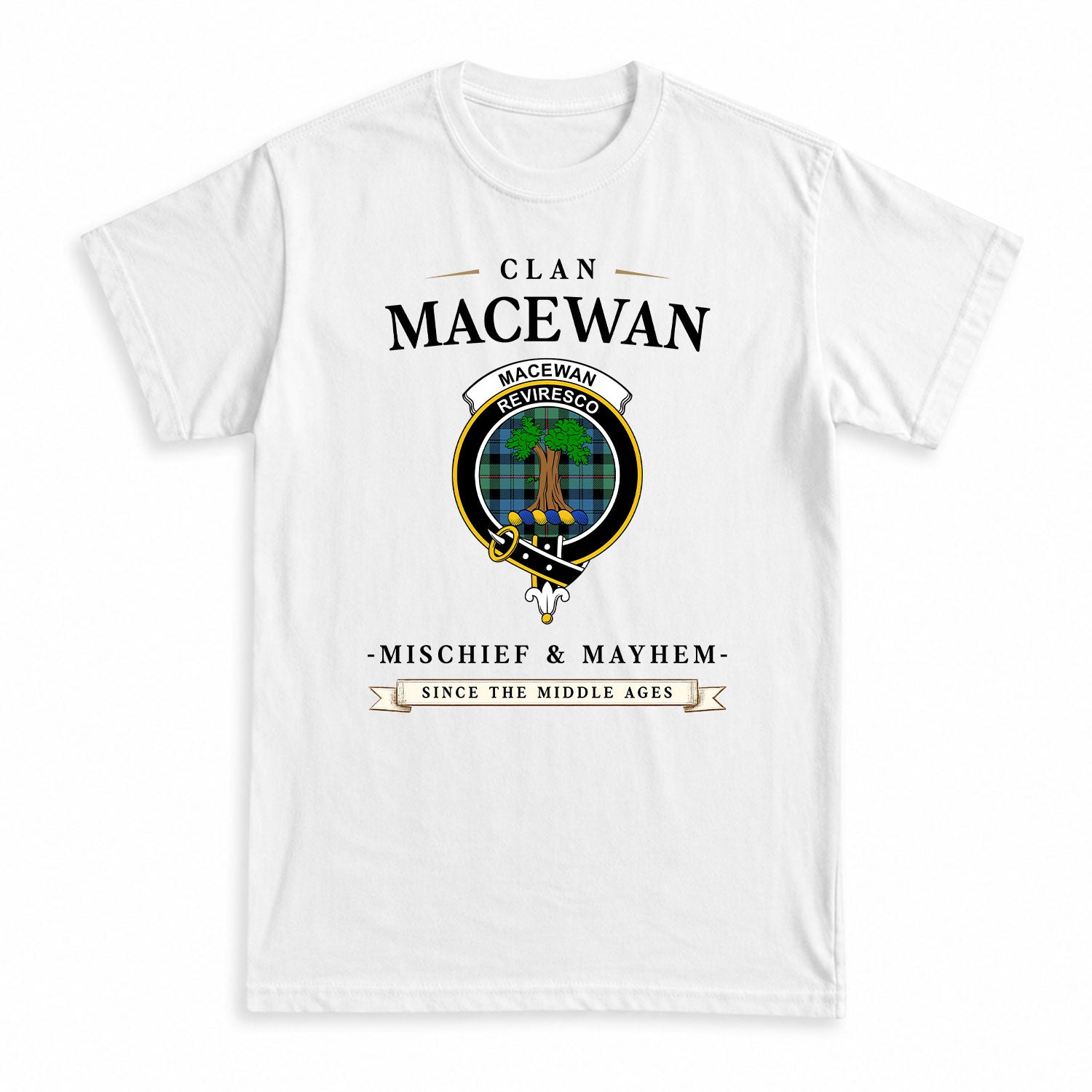MacEwan Ancient Tartan Crest Mischief and Mayhem T-shirt