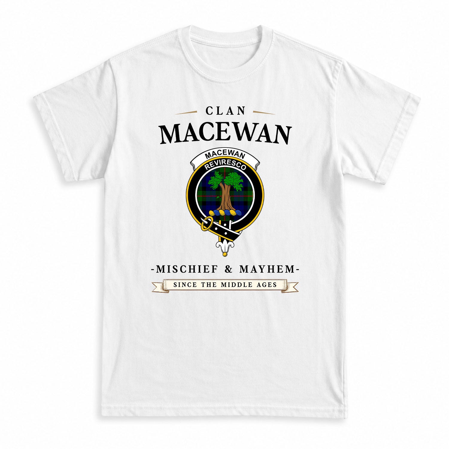 MacEwan Modern Tartan Crest Mischief and Mayhem T-shirt