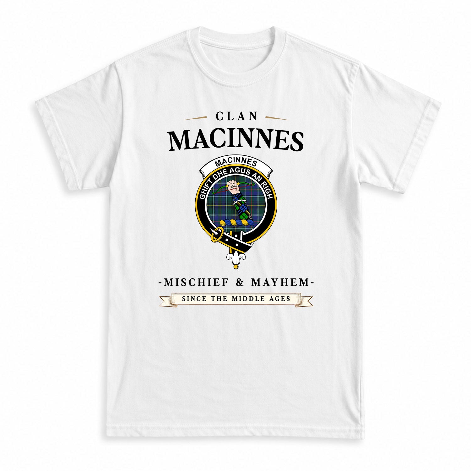 MacInnes Modern Tartan Crest Mischief and Mayhem T-shirt