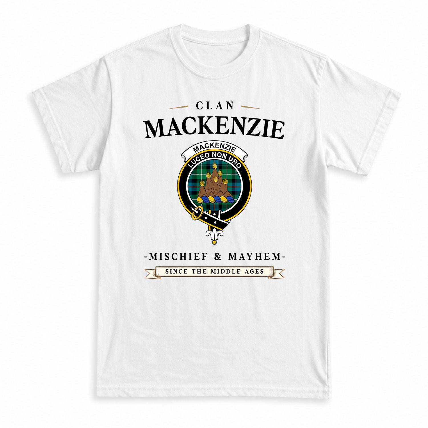 MacKenzie Ancient Tartan Crest Mischief and Mayhem T-shirt