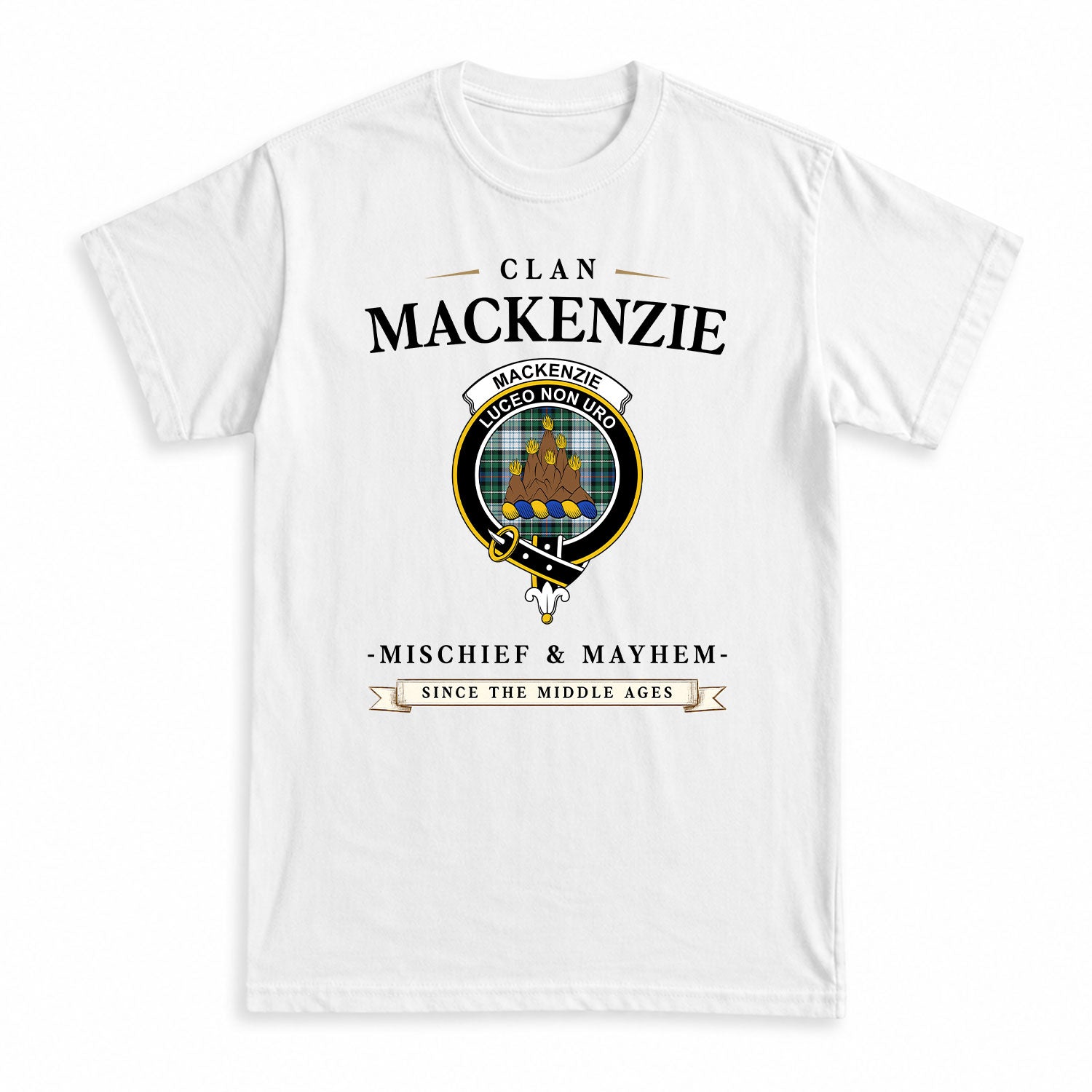 MacKenzie Dress Ancient Tartan Crest Mischief and Mayhem T-shirt