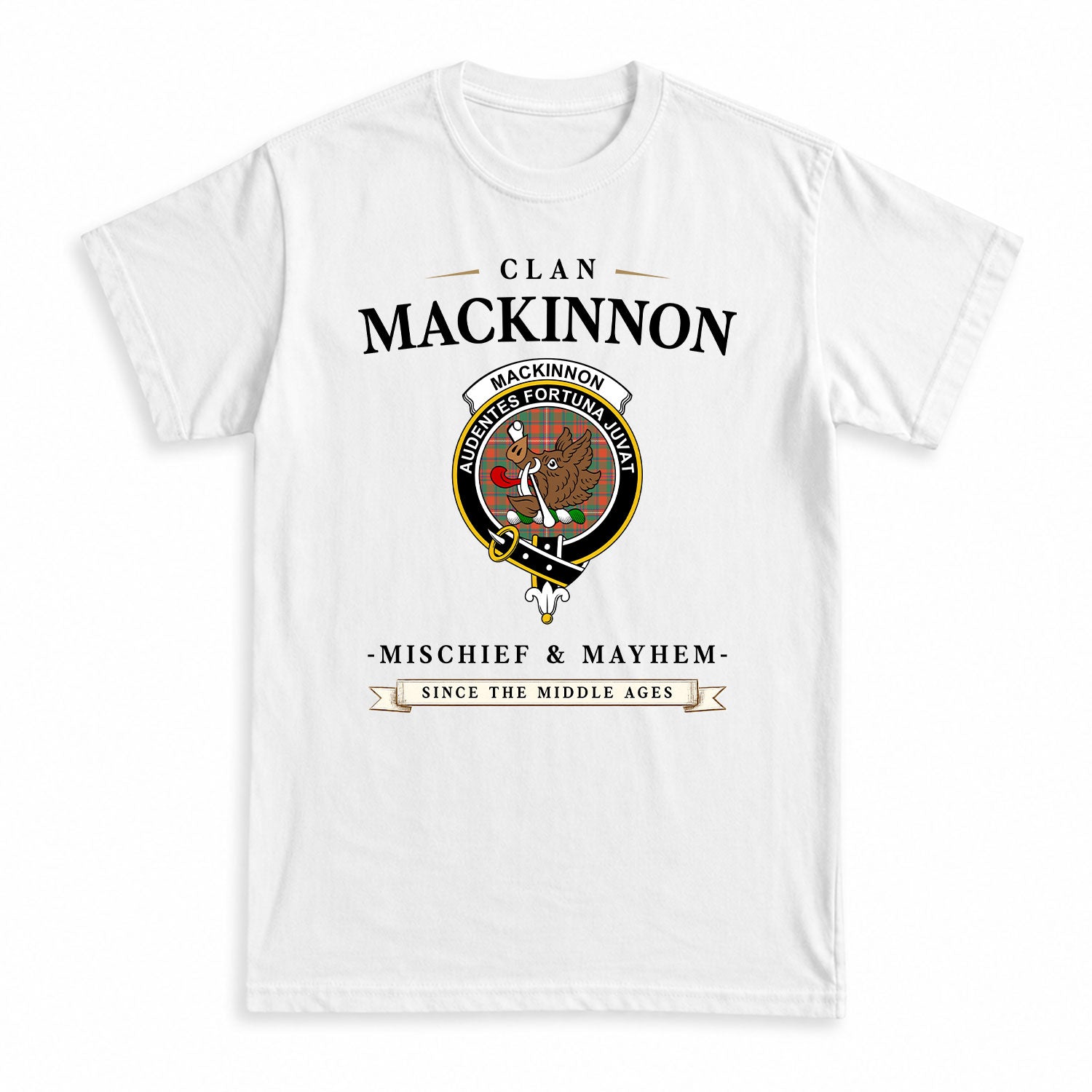 MacKinnon Ancient Tartan Crest Mischief and Mayhem T-shirt