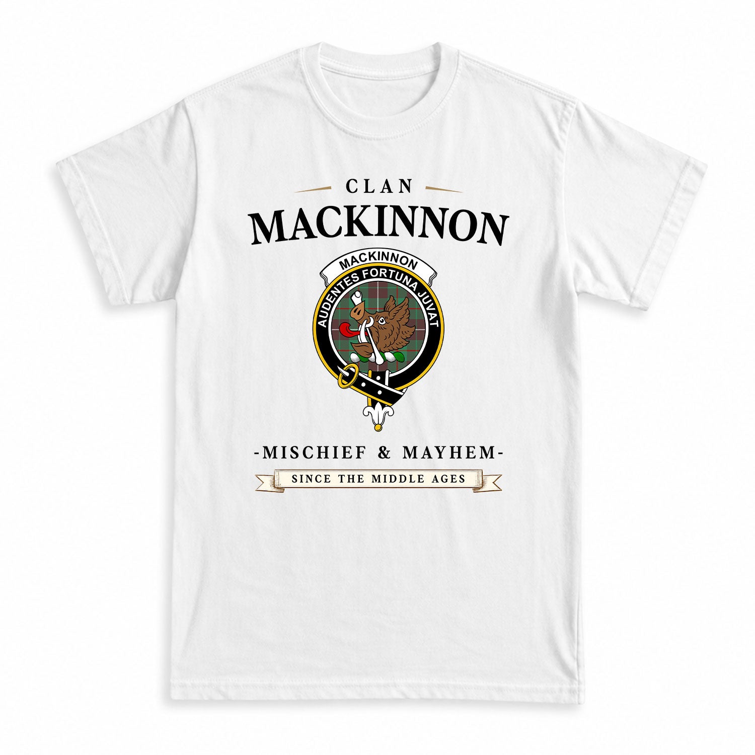 MacKinnon Hunting Ancient Tartan Crest Mischief and Mayhem T-shirt