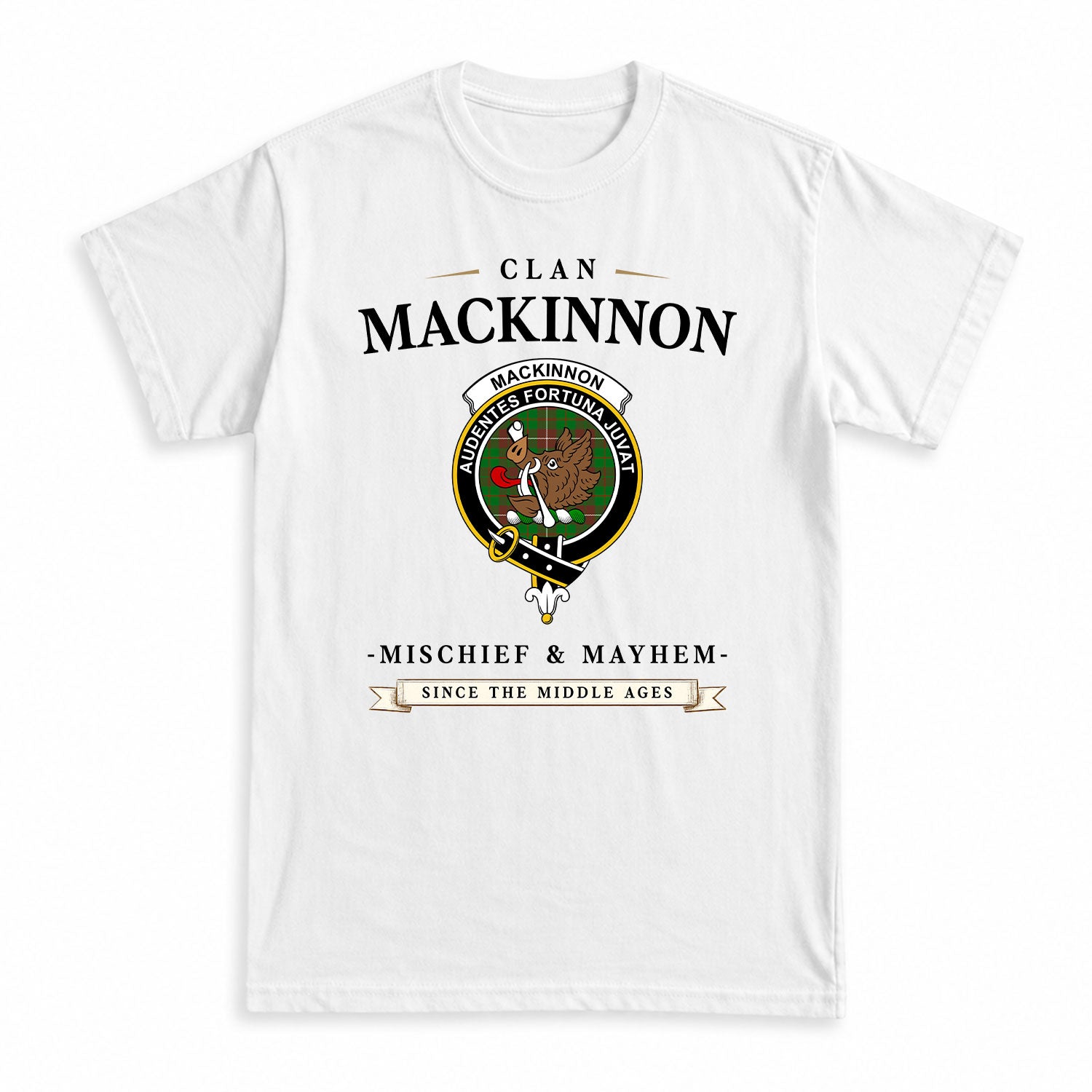 MacKinnon Hunting Modern Tartan Crest Mischief and Mayhem T-shirt