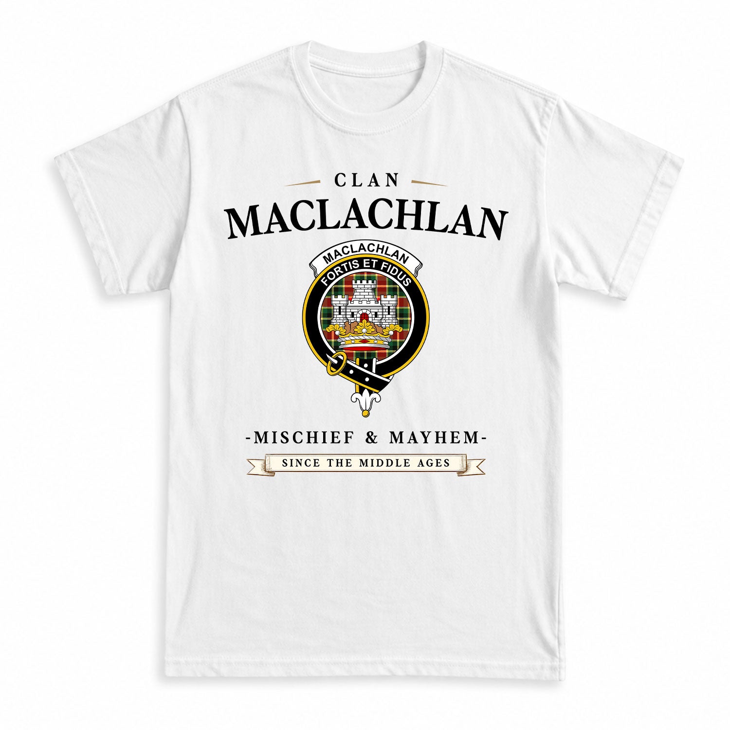 MacLachlan Hunting Modern Tartan Crest Mischief and Mayhem T-shirt