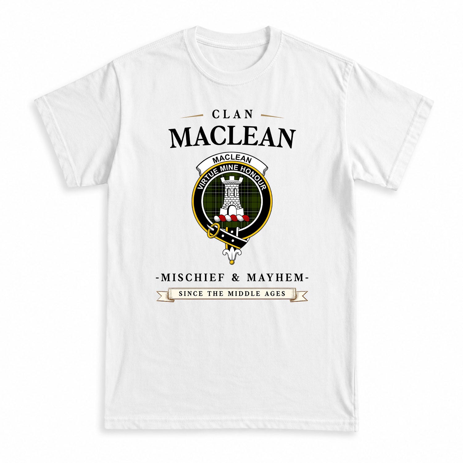 MacLean Hunting Tartan Crest Mischief and Mayhem T-shirt