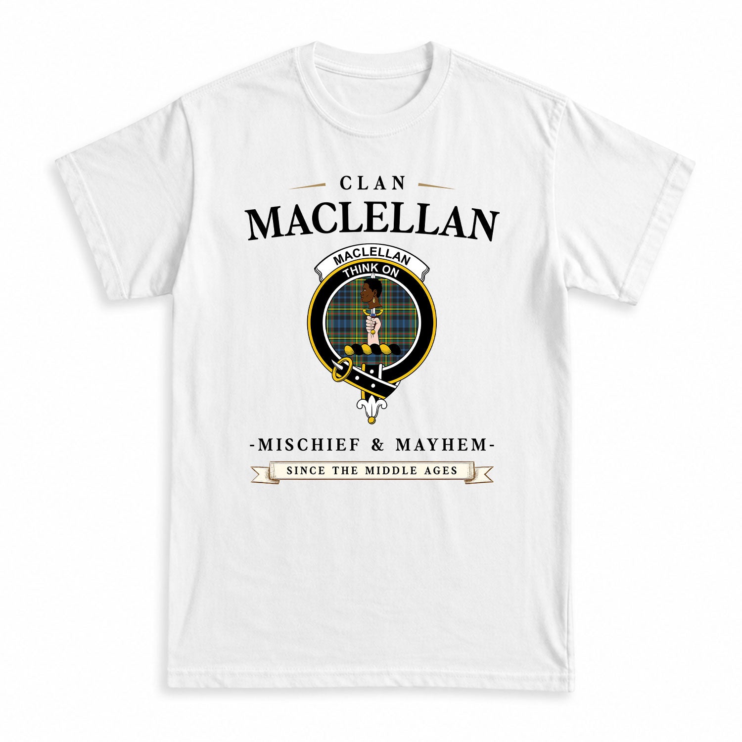 MacLellan Ancient Tartan Crest Mischief and Mayhem T-shirt