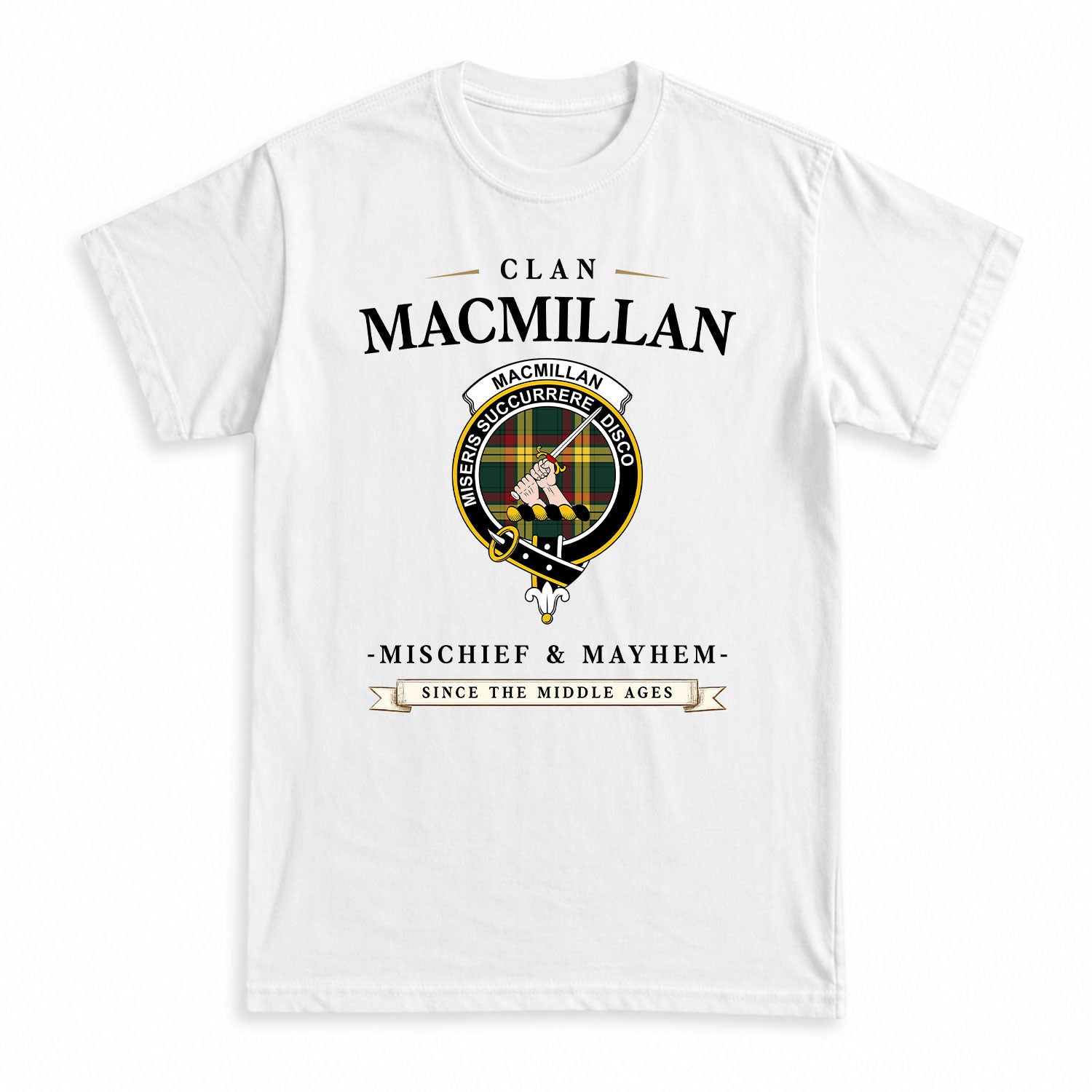 MacMillan Old Modern Tartan Crest Mischief and Mayhem T-shirt