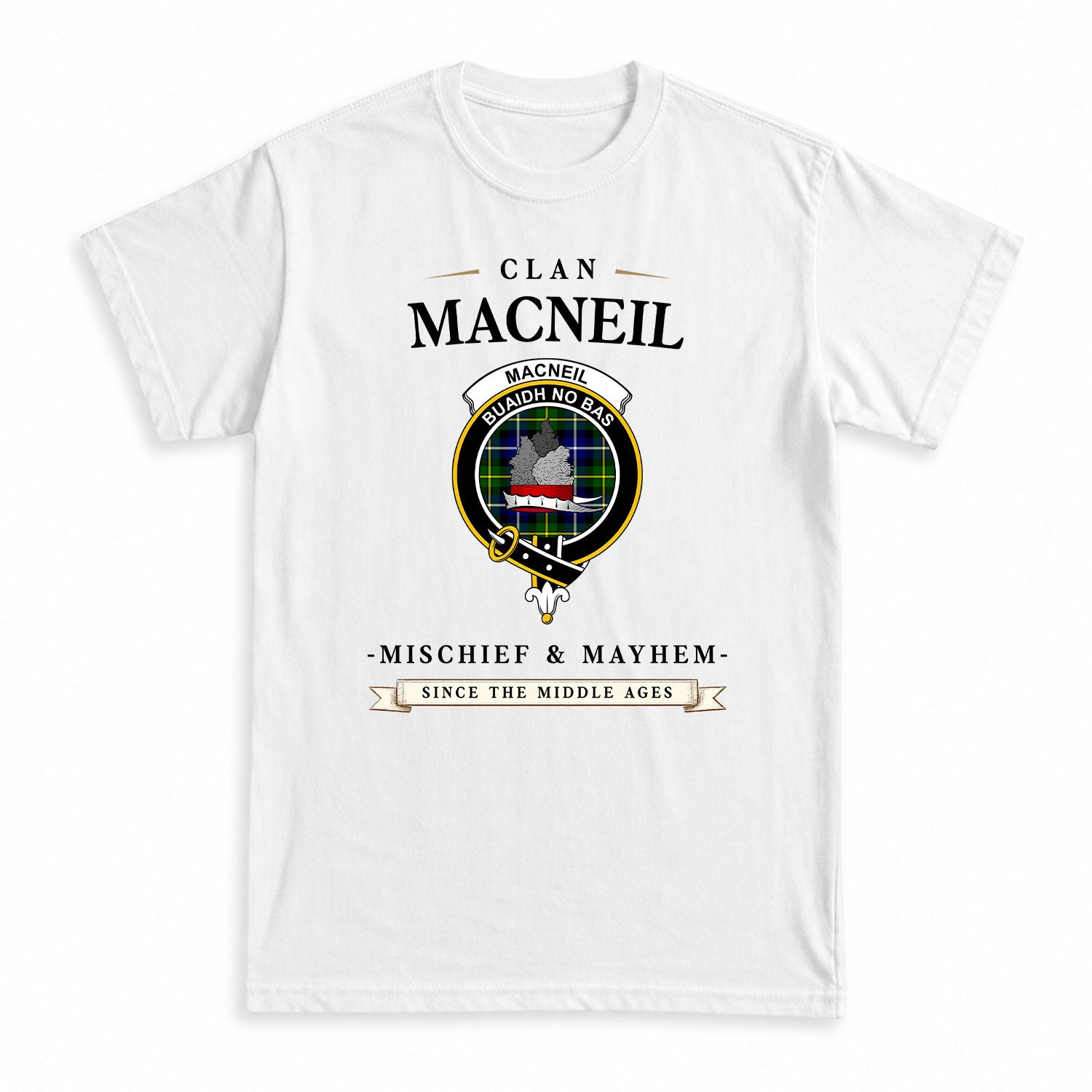 MacNeil of Barra Modern Tartan Crest Mischief and Mayhem T-shirt
