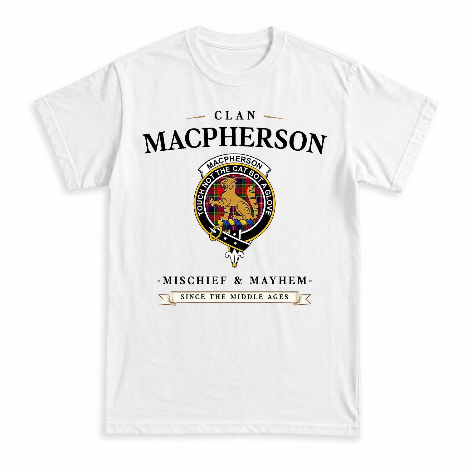 MacPherson Modern Tartan Crest Mischief and Mayhem T-shirt